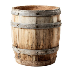 A rustic wooden barrel with metal bands and weathered planks showcasing aged craftsmanship and a vintage aesthetic isolated on transparent background