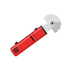 A red power tool with a circular cutting blade is displayed against a black background.