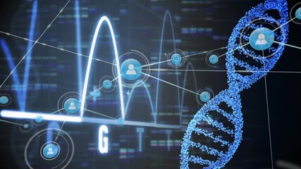 Animation of medical caduceus symbol, icons in hexagon forming globe, dna helix over multiple texts - Powered by Adobe