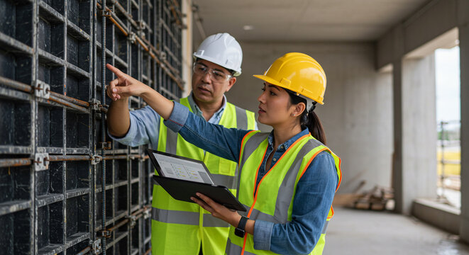 Two construction workers in hard hats and safety vests reviewing plans at a building site.
