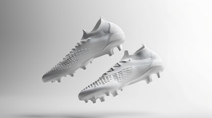 Illustration of a pair of white soccer shoes floating in a white space, showcasing their design and technology for optimal performance on the field, isolated on white background