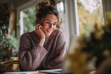 Fototapeta premium Woman engaged in remote conversation while comfortably seated in a cozy indoor setting during autumn