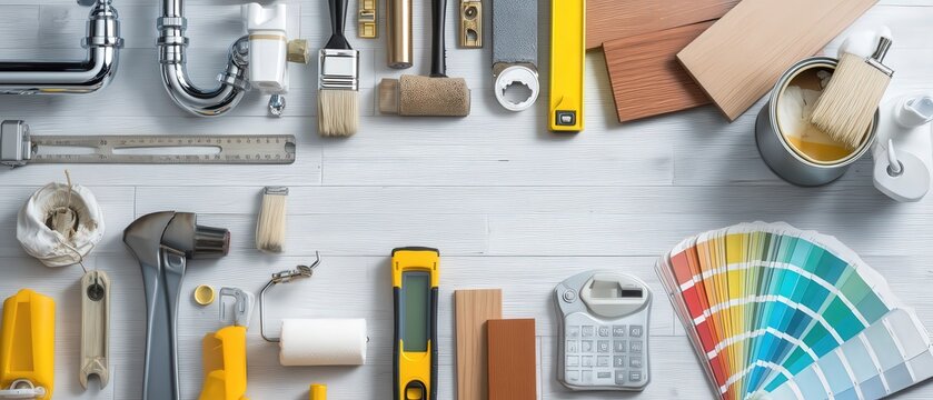 A collection of tools and materials for home improvement, including paint, brushes, wood pieces, and measuring instruments arranged on a light surface.