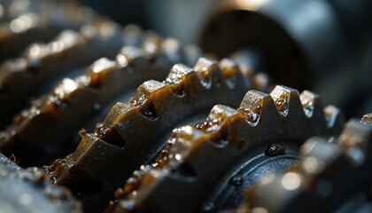 Extreme close-up of greased metal gear teeth on an industrial machine. Cogwheel details show lubrication and metallic texture, hinting at manufacturing, mechanics, and engineering applications.