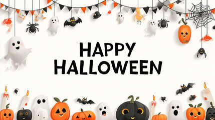 Happy Halloween Decorations: An array of Halloween-themed ornaments, ghosts, pumpkins, and spiderwebs arranged against a bright backdrop.  