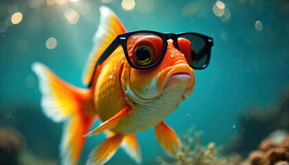 Goldfish wearing black sunglasses swims in clear blue ocean water. Aquatic animal with stylish accessory poses humorously. Underwater scene with sunlight bokeh. Perfect for summer, meme, fashion