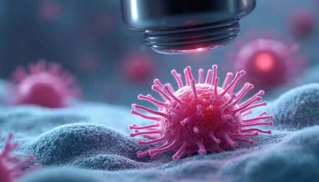 Microscopic view of pink coronavirus particle on textured surface. Medical research concept showing virus detail under microscope. Biomedical science, cell biology, disease study, health innovation.