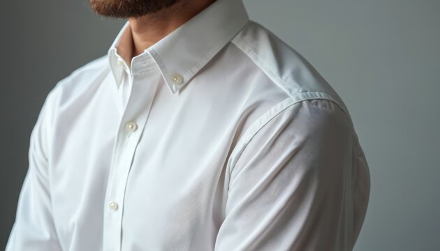 Close-up of crisp white men dress shirt detail. Features elegant buttons, sharp collar, and smooth fabric texture. Modern menswear tailored for professional business wear, clean and refined look.