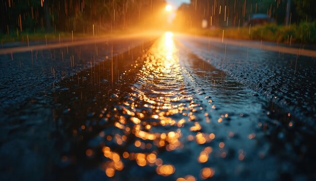 Rain streaks fall on wet concrete pavement at night. Sunlight refracts through rain creating bokeh effects on dark, reflective urban street. Abstract patterns of water droplets, light create moody,