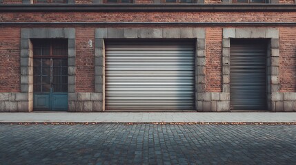 Brick building facade with roll up doors and blue door on cobblestone street urban architecture design