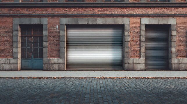 Brick building facade with roll up doors and blue door on cobblestone street urban architecture design