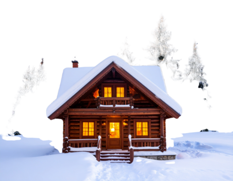Cozy Winter Cabin Covered in Snow, Front View, Transparent PNG - Powered by Adobe