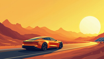 Fototapeta premium Orange electric car drives on desert road at sunset. Solar panels line route, hinting at sustainable energy powering modern vehicle. Mountains, vast landscape surround car, creating sense of immense,