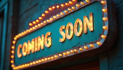 Retro Coming Soon sign with illuminated marquee lights in teal, orange. Aged, weathered metallic surface with grunge texture. Evokes anticipation for new arrivals, product launches, upcoming events.