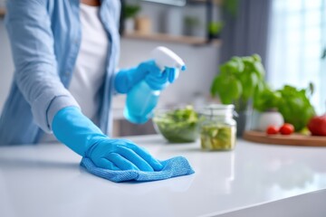 A person wearing blue gloves cleans a countertop with a cloth while holding a spray bottle, surrounded by fresh produce in a bright kitchen.