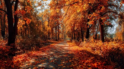 Autumn forest path with colorful fall foliage