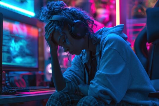 Frustrated female gamer experiencing disappointment in a colorful gaming setup while immersed in her gameplay during nighttime hours - Powered by Adobe