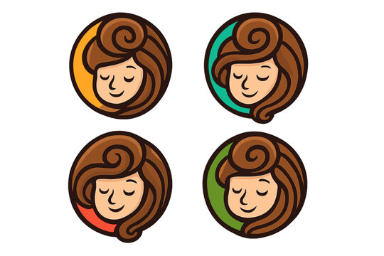 Woman face logo set with long swirly hair. Beauty salon, spa, or cosmetics brand identity. Cartoon character emblem collection for natural hair care or wellness products. - Powered by Adobe