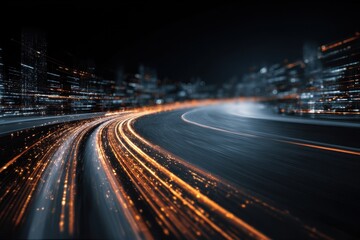 Fototapeta premium Digital data flow illustrates cyber connectivity across an urban landscape with vibrant light trails representing fast data transfer in a futuristic city at night