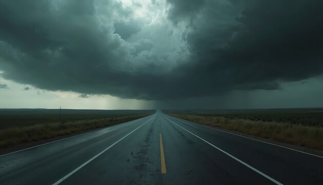 Empty road stretches toward horizon under dramatic dark storm clouds. Heavy rain falls creating wet asphalt surface. Overcast sky, wind, and distant lightning suggest dangerous weather ahead.