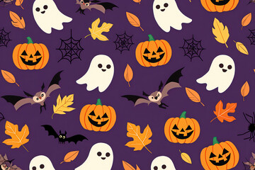 Cute Halloween Ghost, Pumpkin, and Bat Pattern