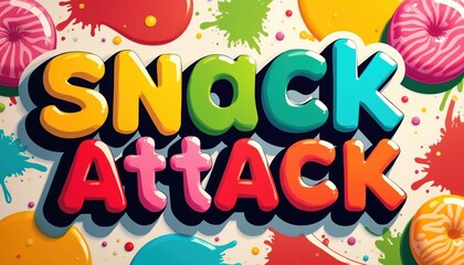Fototapeta premium Colorful graphic design illustration shows Snack Attack with sweet treats like lollipops, donuts, candy splashes. Vibrant, playful cartoon art style with sugary, fruity, chewy elements. Captures fun,