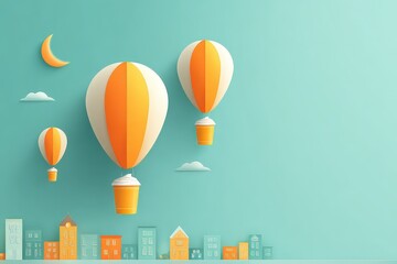 Colorful Hot Air Balloons Floating Above Cityscape Illustration
