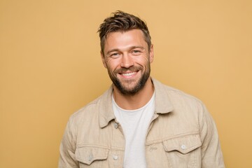 Fototapeta premium Handsome man in casual attire smiles confidently against a warm yellow background, radiating happiness and success in a vibrant portrait