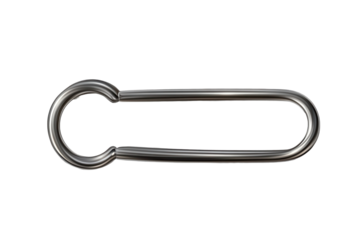 Silver safety pin designed for secure fastening, isolated on a transparent background, showcasing its simple yet functional structure and sleek finish