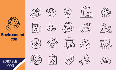 Collection of outlined environment icons represents recycling, pollution, green energy, and climate change awareness