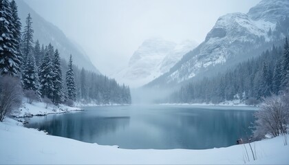Snow covered mountains, trees surround calm lake on frosty winter day. Subtle fog drifts across water, peaks, creating serene, monochromatic atmosphere of pure, natural beauty, remote wilderness.