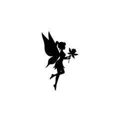 Fototapeta premium A stylized silhouette of a fairy, outlined against a black background, holding a flower-like object.
