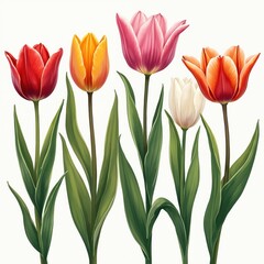 Vibrant tulips in red, orange, pink, white with green leaves create beautiful floral illustration. Botanical artwork features realistic yet abstract style, perfect for spring summer themes, weddings,