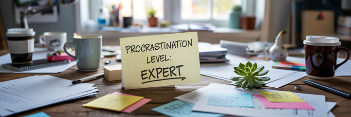 A humorous photograph of a cluttered desk with a sticky note reading "Procrastination Level: Expert," embodying delightful disarray.