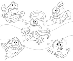 Funny Cartoon Sea Animals Coloring Page