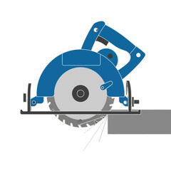 A technical illustration of a circular saw cutting a piece of wood, showcasing the saw's blue body and gray blade.