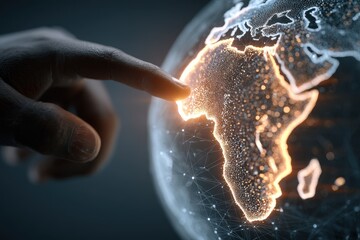 Digital rendering of a hand interacting with a glowing map of Africa at night, showcasing interconnected data points and vivid illumination effects