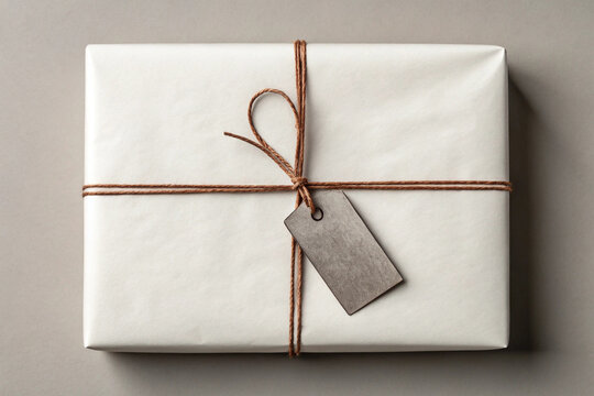 Rectangular Gift Wrapped In White Paper With Brown Twine And A Blank Tag present