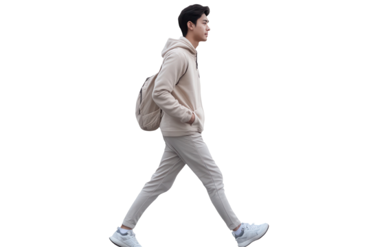 Asian man walking in a comfortable outfit with a backpack on a clear day in an urban environment