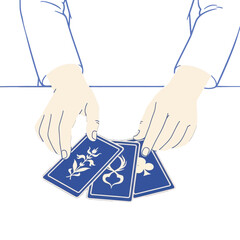 Hands holding a stack of patterned playing cards, positioned against a dark background.
