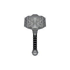 A detailed design of a stylized, ornate hammer, with intricate patterns on its head and a textured handle.
