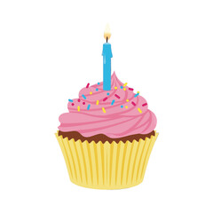 A single, festive cupcake with pink frosting, colorful sprinkles, and a lit blue candle, perfectly capturing a celebratory moment.