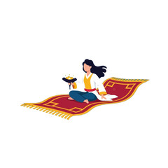 A female figure sits on a vibrant red carpet, showcasing a golden crown, suggesting a magical and adventurous journey.