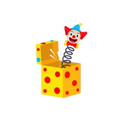 A cheerful clown pops out of a yellow toy box with red polka dots.