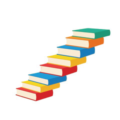 Colorful book stacks form an upward-trending staircase against a stark black background, symbolizing educational growth and knowledge accumulation.