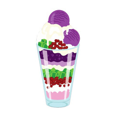 Colorful layered dessert in a glass, featuring purple ice cream, red beans, and green jelly, topped with whipped cream.