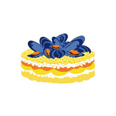 Colorful illustration of a layered dish, topped with mussels, showcasing vibrant yellow, orange, and blue hues.