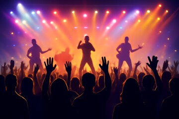 Energetic silhouettes of a rock band performing on a brightly lit stage for an adoring crowd at a music festival
