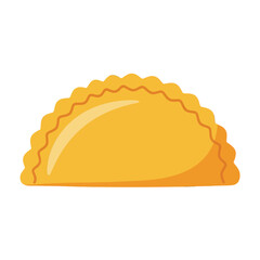 A bright, golden pastry with a scalloped edge is displayed against a solid black background.