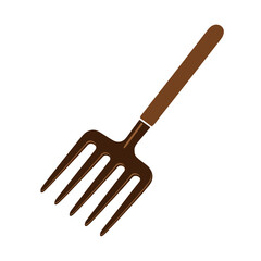 A simple, dark-brown garden fork, angled against a black backdrop, is presented in a flat design style.